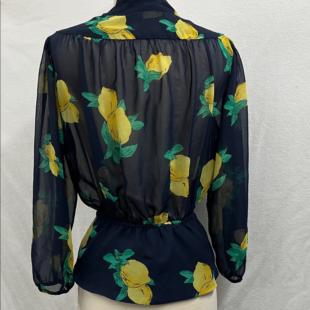 Navy Sheer Wrap Blouse with Lemon Pattern - Picture 5 of 6
